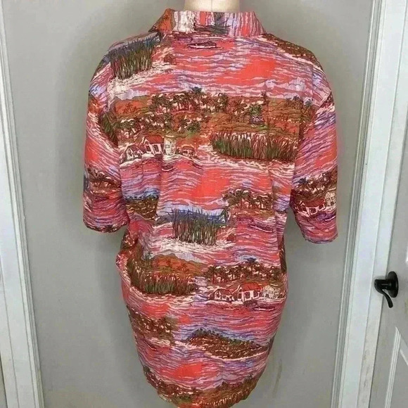 Island Republic L Beaches Huts Boats Palms Red Hawaiian Aloha Shirt Vintage - Picture 4 of 5